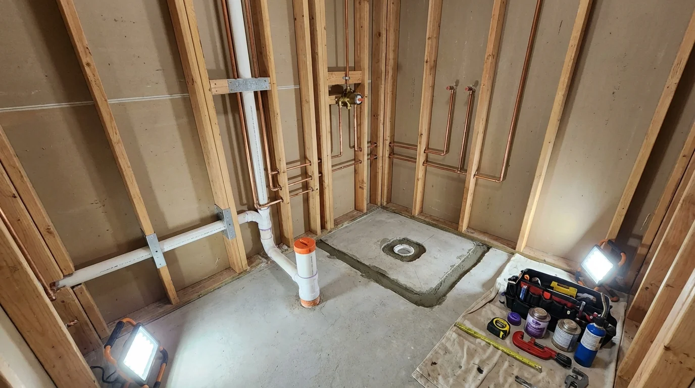 Bathroom rough-in plumbing during remodel by Johns Plumbing LLC in West Hills