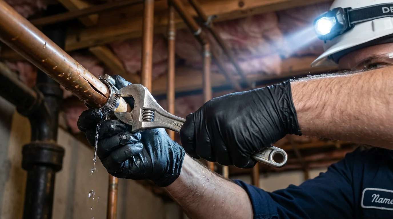 Emergency pipe clamp repair being performed by a Johns Plumbing LLC plumber in West Hills