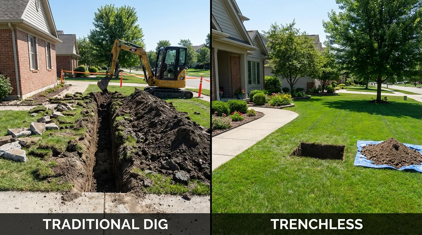 Trenchless sewer repair with minimal yard damage versus traditional excavation in West Hills, CA