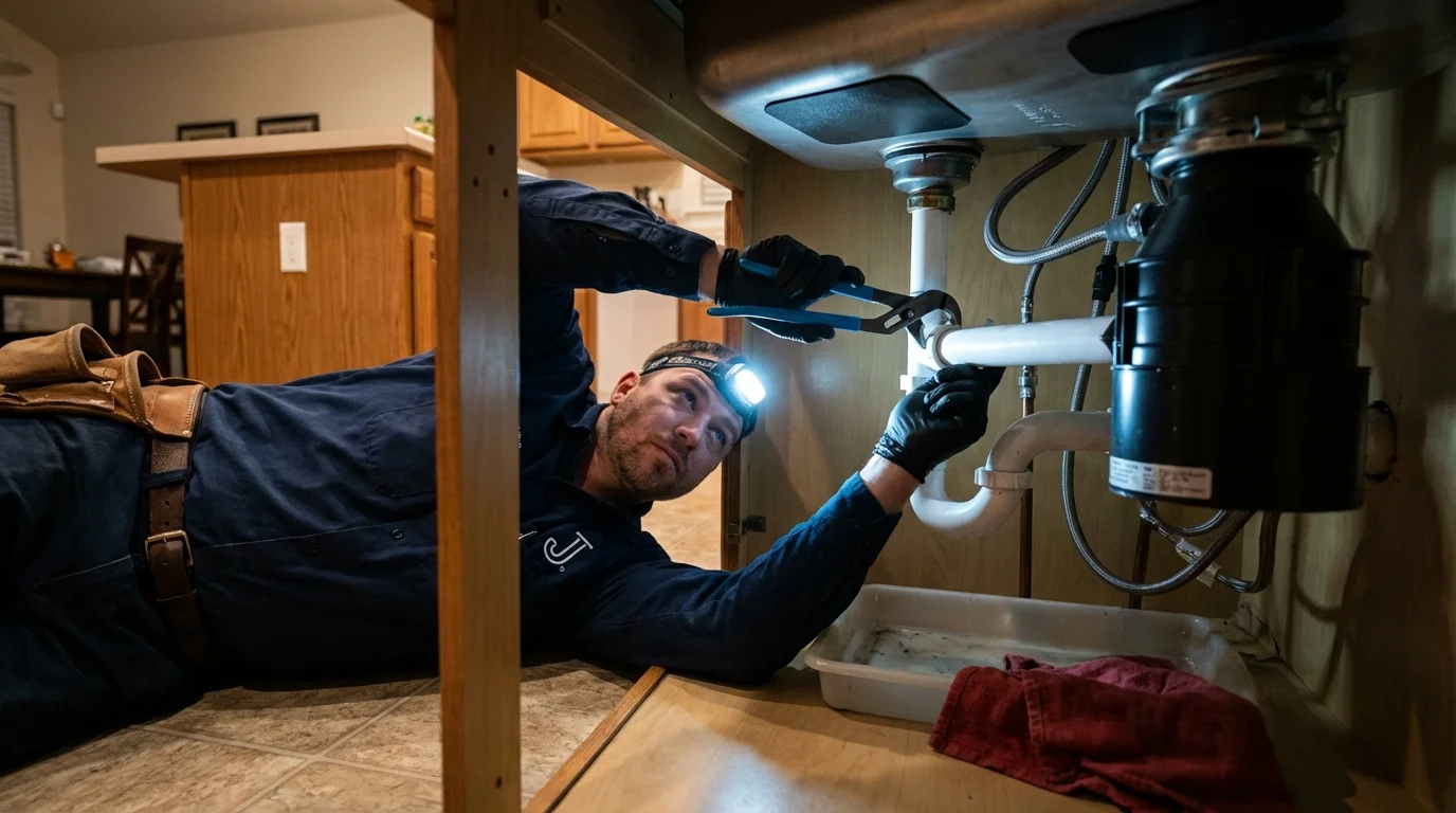 P-trap and supply line connections under a kitchen sink showing a common leak point in West Hills, CA